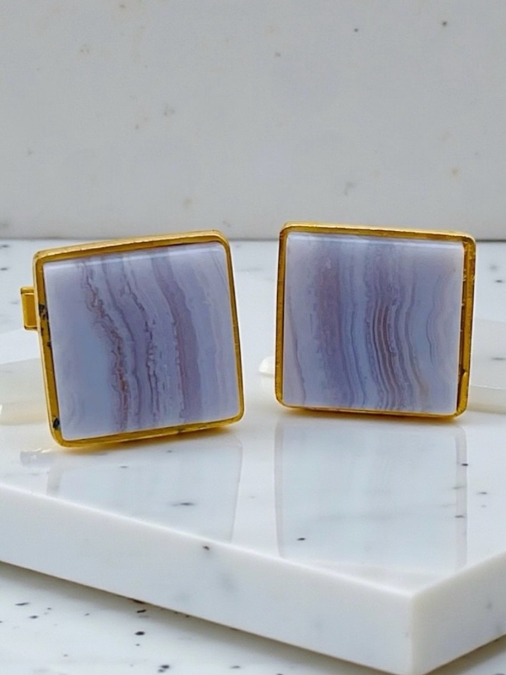 Stylish Vintage Genuine Polished Blue Lace and Gold Tone Cufflinks